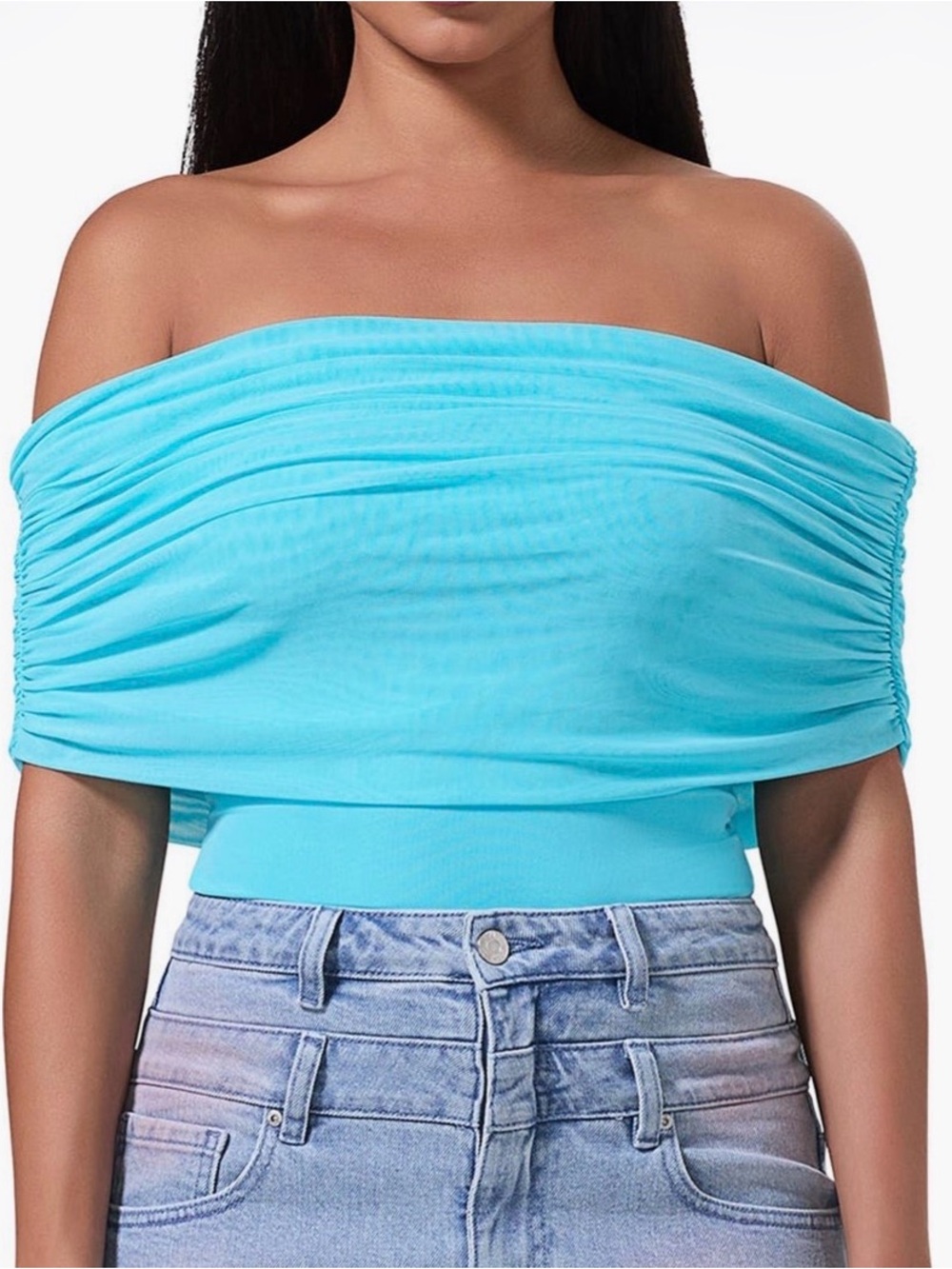 AFRM Aqua Blue Bluefish) Ruched Off the Shoulder Bodysuit